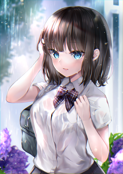 Anime picture 2508x3541 with original hane yuki single tall image looking at viewer blush fringe highres short hair breasts open mouth blue eyes light erotic brown hair standing outdoors blunt bangs short sleeves wet rain