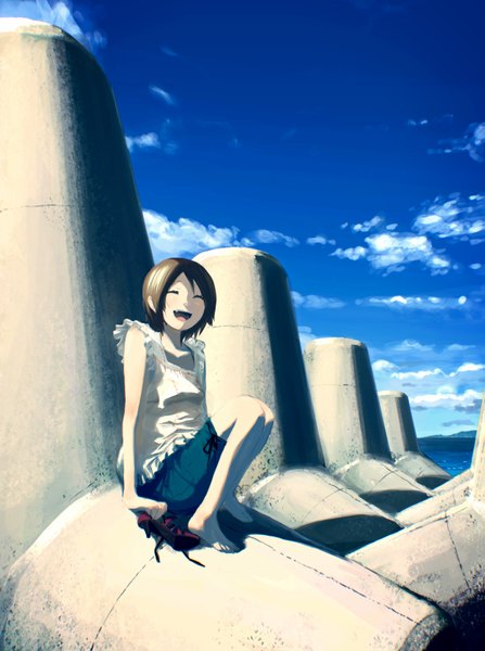 Anime picture 1151x1544 with original mizu asato single tall image short hair open mouth brown hair sitting sky cloud (clouds) eyes closed barefoot sleeveless happy shoes removed girl shoes sea