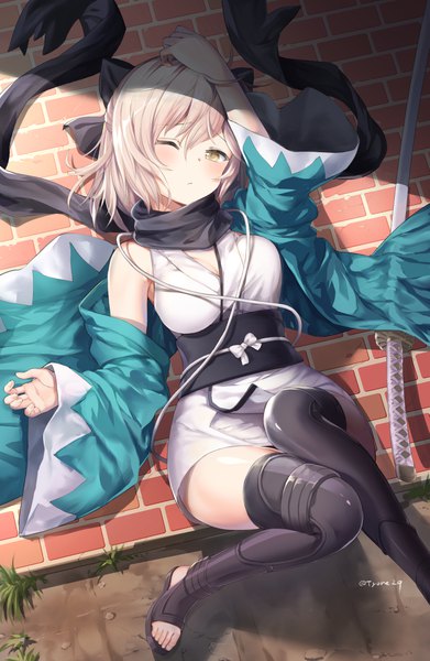 Anime picture 730x1120 with fate (series) fate/grand order koha-ace okita souji (fate) (all) okita souji (koha-ace) tyone single tall image looking at viewer blush fringe short hair breasts blonde hair hair between eyes signed yellow eyes cleavage ahoge outdoors