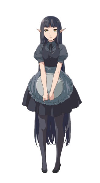 Anime-Bild 460x840 mit isekai shokudou silver link kuro (isekai shokudou) enami katsumi single tall image looking at viewer fringe breasts black hair simple background smile standing white background yellow eyes payot full body blunt bangs very long hair pointy ears