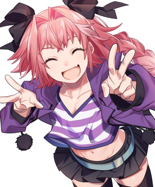 Anime picture 1500x1800 with fate (series) fate/apocrypha astolfo (fate) mihatarou single long hair tall image looking at viewer fringe open mouth simple background white background pink hair braid (braids) eyes closed from above open jacket midriff fang (fangs) single braid