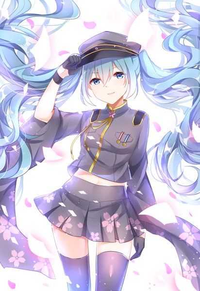Anime picture 2480x3607 with vocaloid senbonzakura (vocaloid) hatsune miku chuor (chuochuoi) single tall image fringe highres blue eyes simple background smile hair between eyes standing white background twintails payot blue hair very long hair pleated skirt wind