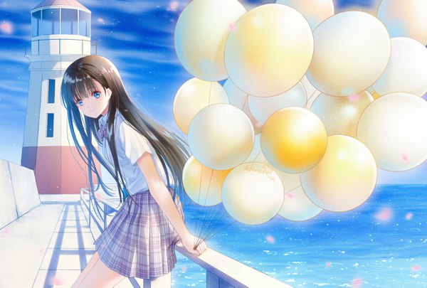 Anime picture 1200x811 with original haneru single long hair looking at viewer fringe blue eyes black hair smile hair between eyes holding sky cloud (clouds) outdoors pleated skirt plaid skirt girl skirt uniform school uniform