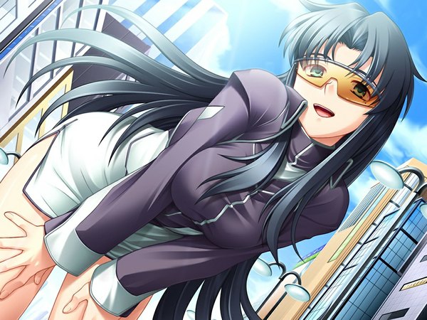 Anime picture 1024x768 with uchu keiji soldiva (game) black hair green eyes game cg girl