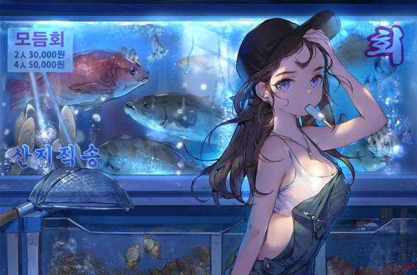 Anime picture 1500x990 with original whoisshe single long hair looking at viewer fringe breasts blue eyes brown hair standing holding cleavage indoors inscription mouth hold adjusting hair girl earrings animal food