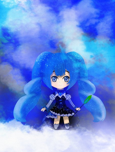 Anime picture 2571x3380 with original everyfrost single long hair tall image looking at viewer fringe highres blue eyes twintails holding blue hair full body long sleeves puffy sleeves chibi girl dress staff