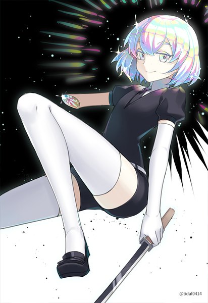 Anime picture 688x1000 with houseki no kuni diamond (houseki no kuni) mujun atama single tall image looking at viewer short hair smile sitting signed silver hair puffy sleeves twitter username silver eyes shiny androgynous amputee thighhighs gloves weapon