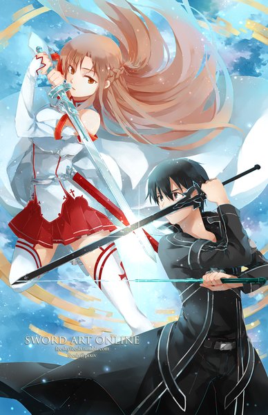 Anime picture 700x1082 with sword art online a-1 pictures feesh long hair tall image short hair black hair brown hair brown eyes black eyes couple battle girl thighhighs boy weapon detached sleeves white thighhighs sword cloak