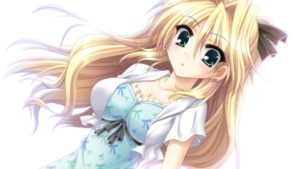 Anime picture 1280x720 with mashiro summer amagi sakino ikura nagisa long hair blush blonde hair wide image green eyes game cg girl dress