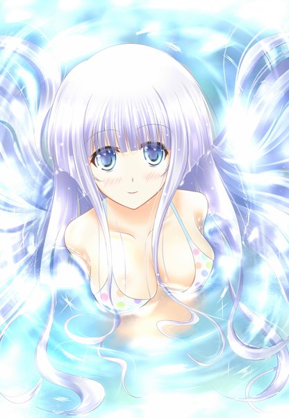 Anime picture 1250x1800 with muv-luv alternative muvluv total eclipse muv-luv inia sestina akito meiya single long hair tall image looking at viewer blush fringe breasts blue eyes light erotic large breasts bare shoulders payot purple hair white hair blunt bangs