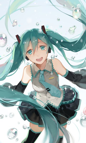 Anime picture 1771x2952 with vocaloid hatsune miku aimota single tall image looking at viewer blush fringe highres open mouth simple background hair between eyes white background twintails bare shoulders very long hair :d pleated skirt aqua eyes aqua hair