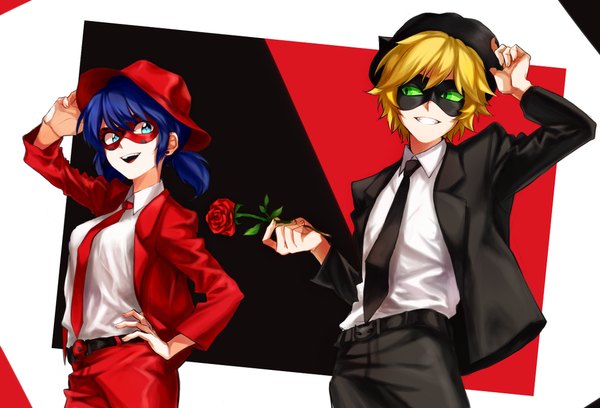 Anime picture 1023x696 with miraculous ladybug marinette cheng adrien agreste ladybug (character) chat noir tagme (artist) short hair blue eyes simple background blonde hair smile standing twintails holding green eyes animal ears blue hair looking away parted lips cat ears