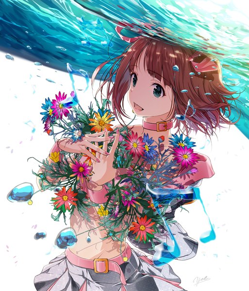 Anime picture 1055x1234 with idolmaster amami haruka yae (mono110) single tall image fringe short hair open mouth simple background brown hair white background bare shoulders holding green eyes signed looking away upper body blunt bangs nail polish :d