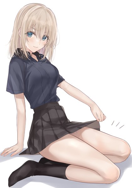 Anime picture 1422x2032 with girls und panzer itsumi erika mexif single tall image looking at viewer fringe short hair blue eyes light erotic simple background blonde hair smile hair between eyes white background sitting full body pleated skirt arm support yokozuwari