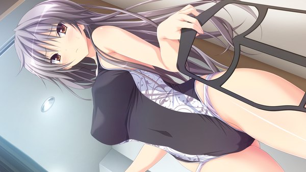 Anime picture 1280x720 with hapymaher purple software naitou maia koku single long hair looking at viewer blush breasts light erotic wide image brown eyes game cg grey hair girl swimsuit