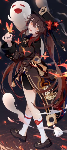 Anime picture 3021x6712 with genshin impact hu tao (genshin impact) boo tao (genshin impact) swkl:d single tall image looking at viewer fringe highres open mouth hair between eyes red eyes brown hair twintails absurdres full body very long hair :d turning head symbol-shaped pupils