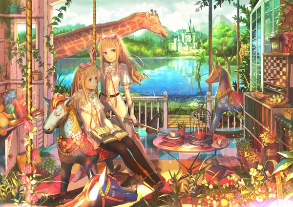 Anime picture 1921x1358 with original fuzichoco long hair highres blue eyes blonde hair multiple girls yellow eyes detailed girl flower (flowers) bow 2 girls plant (plants) hair bow animal water book (books) toy stuffed animal