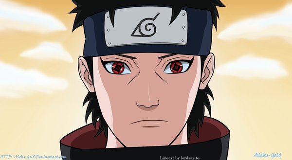 Anime picture 2574x1413 with naruto studio pierrot naruto (series) uchiha shisui aleks-gold single highres short hair black hair red eyes wide image sky cloud (clouds) coloring portrait close-up face sharingan boy bandana