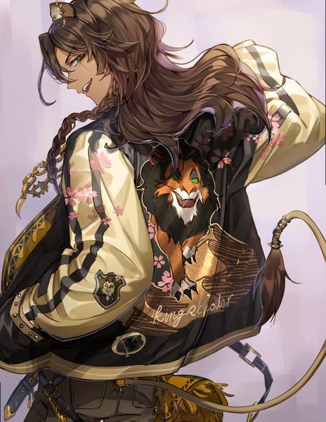 Anime picture 1599x2068 with the lion king twisted wonderland disney leona kingscholar scar (the lion king) nori matsu single long hair tall image looking at viewer open mouth brown hair green eyes animal ears tail braid (braids) animal tail profile looking back from behind