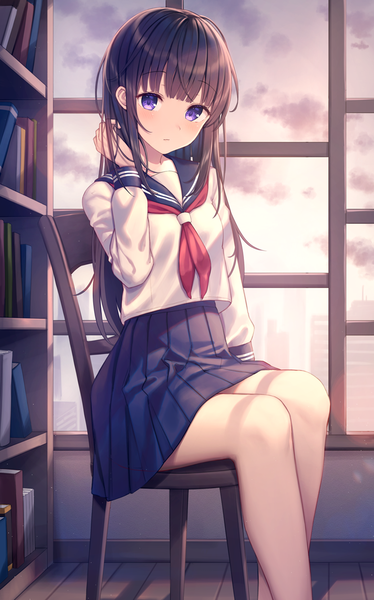 Anime picture 779x1250 with original kawami nami single long hair tall image looking at viewer blush fringe brown hair sitting purple eyes payot sky cloud (clouds) indoors blunt bangs long sleeves pleated skirt bare legs adjusting hair