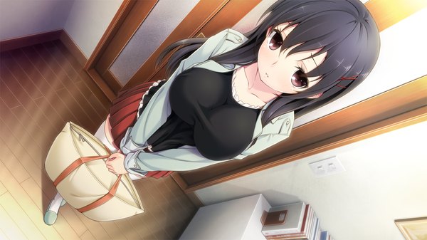 Anime picture 1280x720 with tsuisou no augment hinasaki you long hair light erotic black hair wide image brown eyes game cg girl thighhighs skirt miniskirt white thighhighs bag