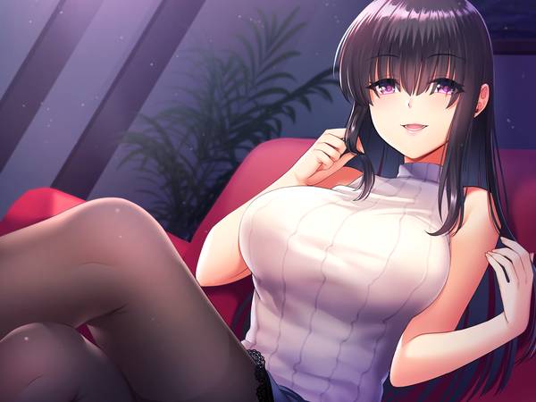 Anime picture 2800x2100 with original ap@meito single long hair looking at viewer blush fringe highres breasts open mouth black hair smile hair between eyes large breasts sitting purple eyes bare shoulders payot indoors :d