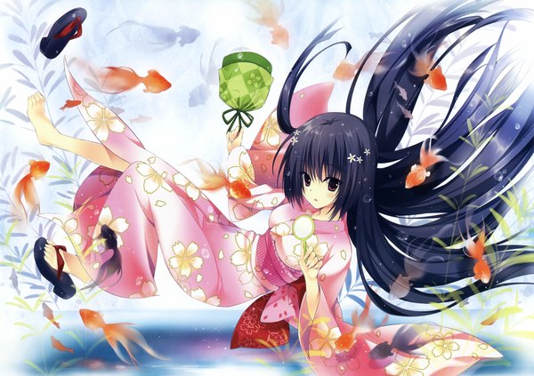 Anime picture 3300x2328 with original eshi 100-nin ten oryou single long hair looking at viewer highres black hair absurdres traditional clothes japanese clothes barefoot black eyes scan legs girl animal kimono obi fish (fishes)