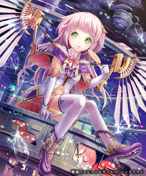 Anime picture 1200x1440 with naka (pixiv2133455) single long hair tall image sitting green eyes pink hair hieroglyph mechanical wings girl thighhighs gloves hair ornament wings elbow gloves food sweets tongue hairclip feather (feathers)