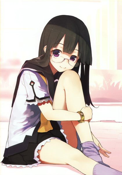 Anime picture 2135x3040 with original shirabi single long hair tall image highres black hair smile sitting purple eyes girl miniskirt glasses bracelet jewelry
