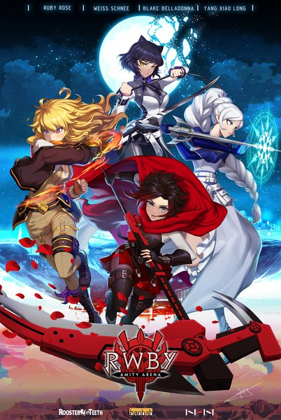 Anime picture 1200x1793 with rwby rooster teeth ruby rose weiss schnee blake belladonna yang xiao long uyalago long hair tall image looking at viewer short hair open mouth blue eyes black hair blonde hair brown hair purple eyes multiple girls signed yellow eyes