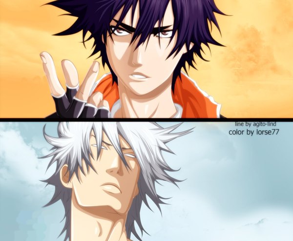 Anime picture 1095x902 with air gear toei animation minami itsuki takeuchi sora lorse77 short hair brown eyes sky silver hair purple hair cloud (clouds) coloring portrait face multiview blank eyes boy fingerless gloves