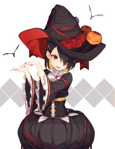 Anime picture 4335x5616 with original sugar (dndi888) single tall image looking at viewer blush fringe highres short hair open mouth black hair simple background red eyes standing white background absurdres head tilt multicolored hair hair over one eye wide sleeves