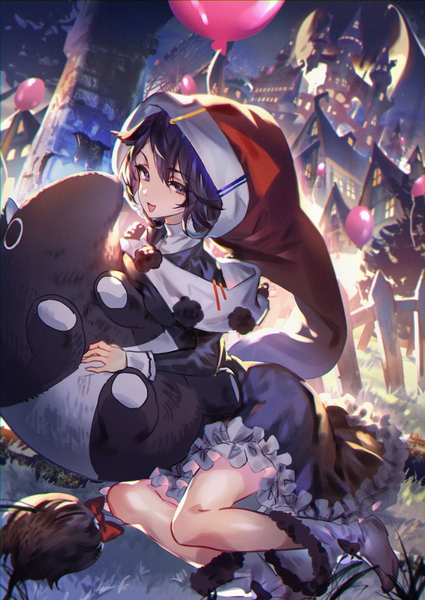 Anime picture 1003x1416 with touhou doremy sweet uu uu zan single tall image looking at viewer fringe short hair open mouth black hair hair between eyes sitting outdoors :d black eyes frilled dress girl dress animal frills