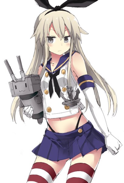 Anime picture 680x1000 with kantai collection shimakaze destroyer rensouhou-chan kuhotaka single long hair tall image blush simple background white background bare shoulders looking away grey hair bare belly grey eyes girl thighhighs skirt gloves navel