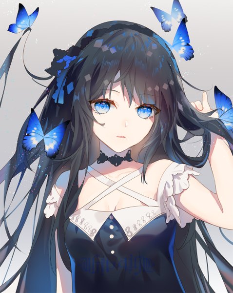 Anime picture 1000x1256 with original fre single long hair tall image looking at viewer blush fringe breasts open mouth blue eyes black hair simple background standing bare shoulders payot cleavage upper body arm up grey background