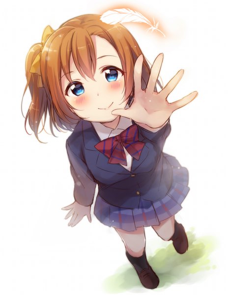 Anime picture 1200x1550 with love live! school idol project sunrise (studio) love live! kousaka honoka hazuki (sutasuta) single tall image looking at viewer blush short hair blue eyes simple background smile brown hair white background full body from above one side up outstretched hand girl