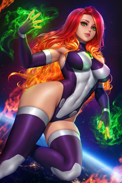 Anime picture 2400x3597 with teen titans dc comics starfire (teen titans) nudtawut thongmai single long hair tall image looking at viewer highres breasts light erotic large breasts green eyes outdoors red hair multicolored hair lips orange hair two-tone hair piercing