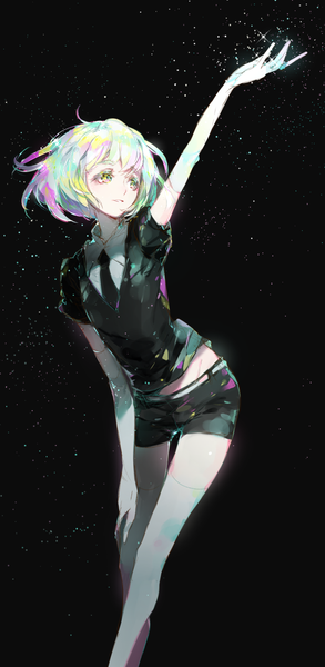 Anime picture 710x1450 with houseki no kuni diamond (houseki no kuni) mikuru rumisora single tall image looking at viewer fringe short hair simple background standing silver hair parted lips arm up black background silver eyes androgynous thighhighs gloves uniform elbow gloves