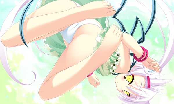 Anime picture 1024x614 with twinkle crusaders twinkle crusaders -passion star stream- illear long hair light erotic wide image twintails yellow eyes game cg cleavage white hair barefoot girl hair ornament underwear panties ribbon (ribbons) bracelet hairclip