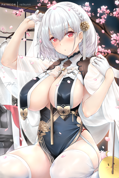 Anime picture 667x1000 with azur lane manjuu (azur lane) sirius (azur lane) sirius (azure horizons) (azur lane) rei kun single tall image looking at viewer blush fringe short hair breasts open mouth light erotic hair between eyes red eyes large breasts sitting signed white hair