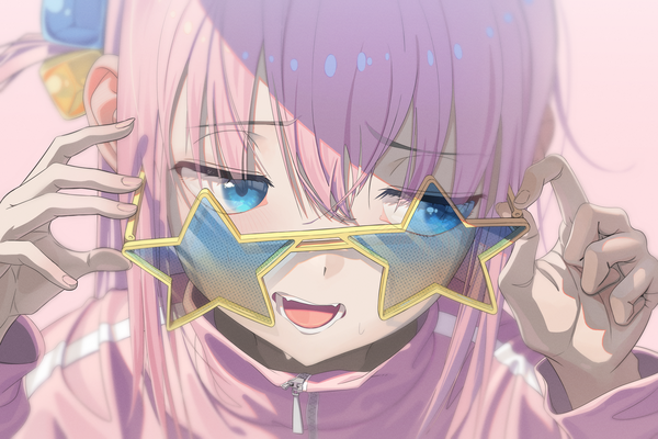 Anime picture 6000x4000 with bocchi the rock! cloverworks gotou hitori ranari single long hair fringe highres open mouth blue eyes simple background hair between eyes looking away pink hair absurdres sweat one side up pink background adjusting sunglasses girl
