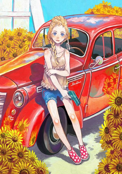 Anime picture 820x1165 with original pomodorosa single long hair tall image looking at viewer blush blue eyes blonde hair bare shoulders sky braid (braids) sunlight single braid traditional media casual star print girl flower (flowers) weapon