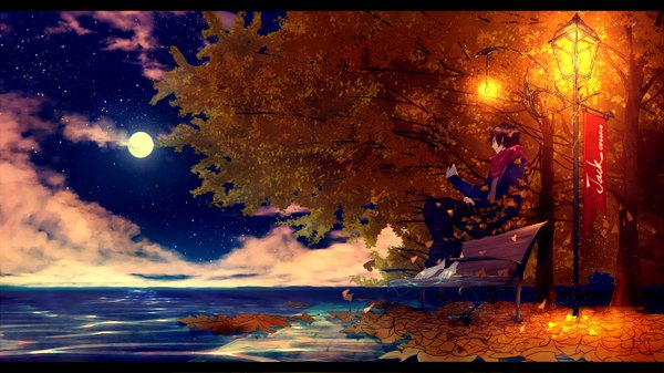 Anime picture 2800x1575 with nico nico singer jack (nico nico singer) tamagosho single highres short hair brown hair wide image sitting looking away sky cloud (clouds) profile barefoot open clothes open jacket night sky landscape boy plant (plants)