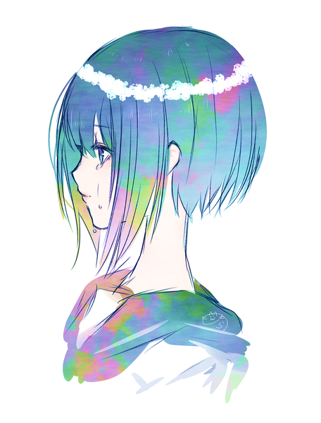 Anime picture 985x1295 with original nora (salatto) single tall image fringe short hair blue eyes simple background hair between eyes white background signed blue hair looking away profile multicolored hair tears portrait crying multicolored girl