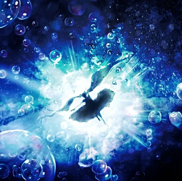 Anime picture 1000x999 with vocaloid hatsune miku harada miyuki single twintails very long hair light silhouette abstract girl dress star (stars) bubble (bubbles)