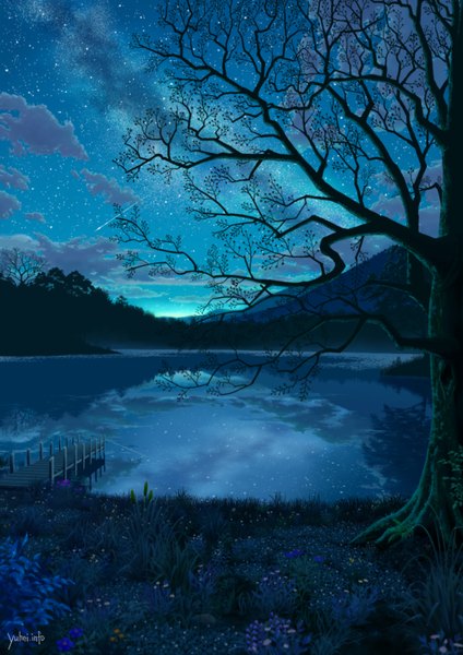 Anime picture 1238x1752 with original yuhei tall image standing holding sky cloud (clouds) reflection mountain no people landscape shooting star field lake flower (flowers) plant (plants) tree (trees) water star (stars) forest