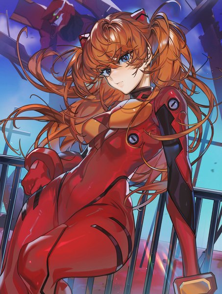 Anime picture 3018x4000 with neon genesis evangelion gainax soryu asuka langley shikinami asuka langley mato-c single long hair tall image looking at viewer blush fringe highres blue eyes light erotic hair between eyes standing absurdres sky cloud (clouds) bent knee (knees)