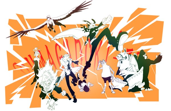 Anime picture 1800x1170 with oumagadoki zoo (manga) shiina (zoo) aoi hana (zoo) shishido (oumagadoki zoo) uwabami (snake) chita ookami (zoo) kasai (rhino) gorilla kong takahiro (bird) yamori (artist) highres group flying running polychromatic dress gloves animal belt