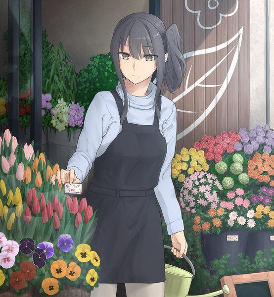 Anime picture 2682x2902 with original enosan single long hair tall image fringe highres black hair hair between eyes holding inscription grey eyes side ponytail drawing price girl flower (flowers) plant (plants) rose (roses) apron