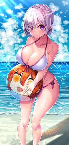 Anime picture 1585x3311 with fate (series) fate/grand order mash kyrielight fujimaru ritsuka (female) mash kyrielight (swimsuit of perpetual summer) syow (syoutamho) single tall image looking at viewer blush fringe short hair breasts light erotic smile hair between eyes standing purple eyes bare shoulders holding
